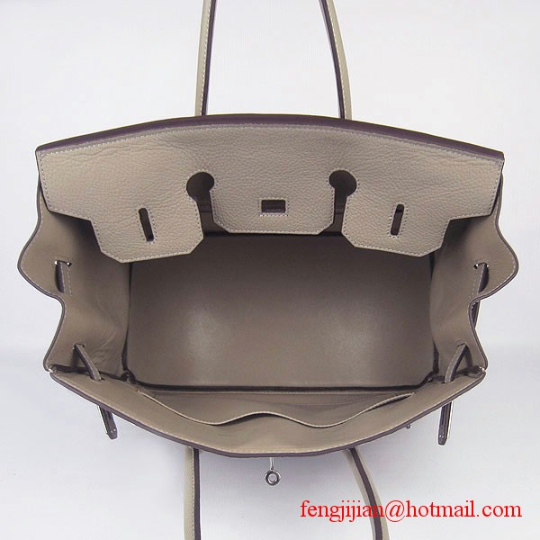 Hermes 35cm Embossed Veins Leather Bag Grey 6089 Silver Hardware